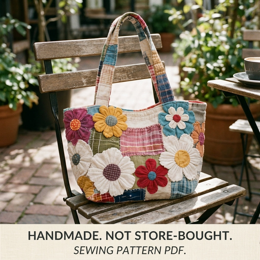 Daisy Garden Rag Patchwork Tote Sewing Pattern PDF – Boho Fabric Flower Bag