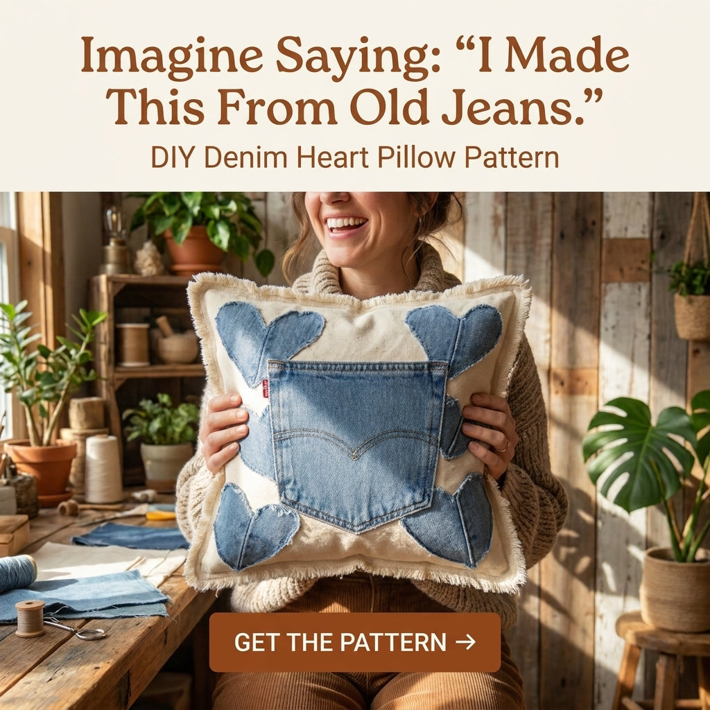 Upcycled Denim Heart Pillow Pattern | Jeans Pocket & Appliqué Hearts on Raw Canvas | Beginner Sewing Project | PDF Instant Download