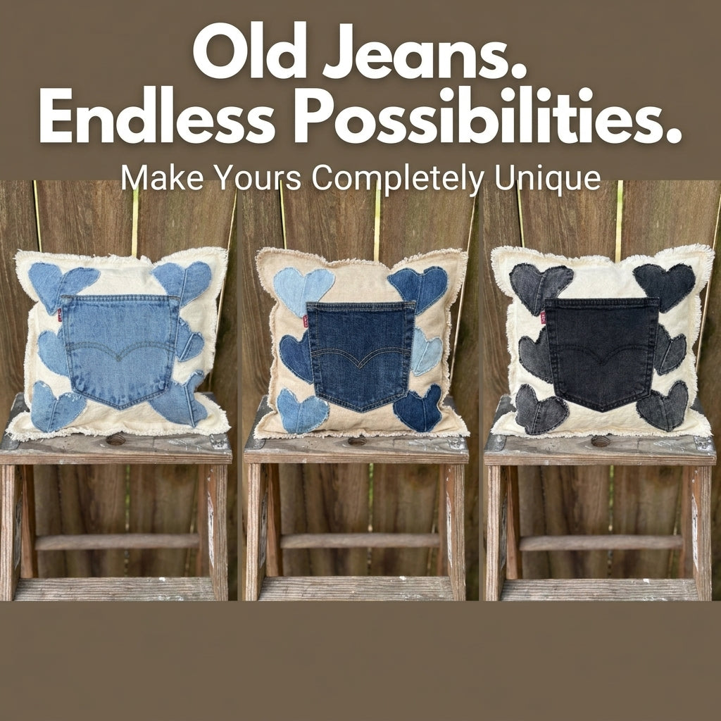 Upcycled Denim Heart Pillow Pattern | Jeans Pocket & Appliqué Hearts on Raw Canvas | Beginner Sewing Project | PDF Instant Download