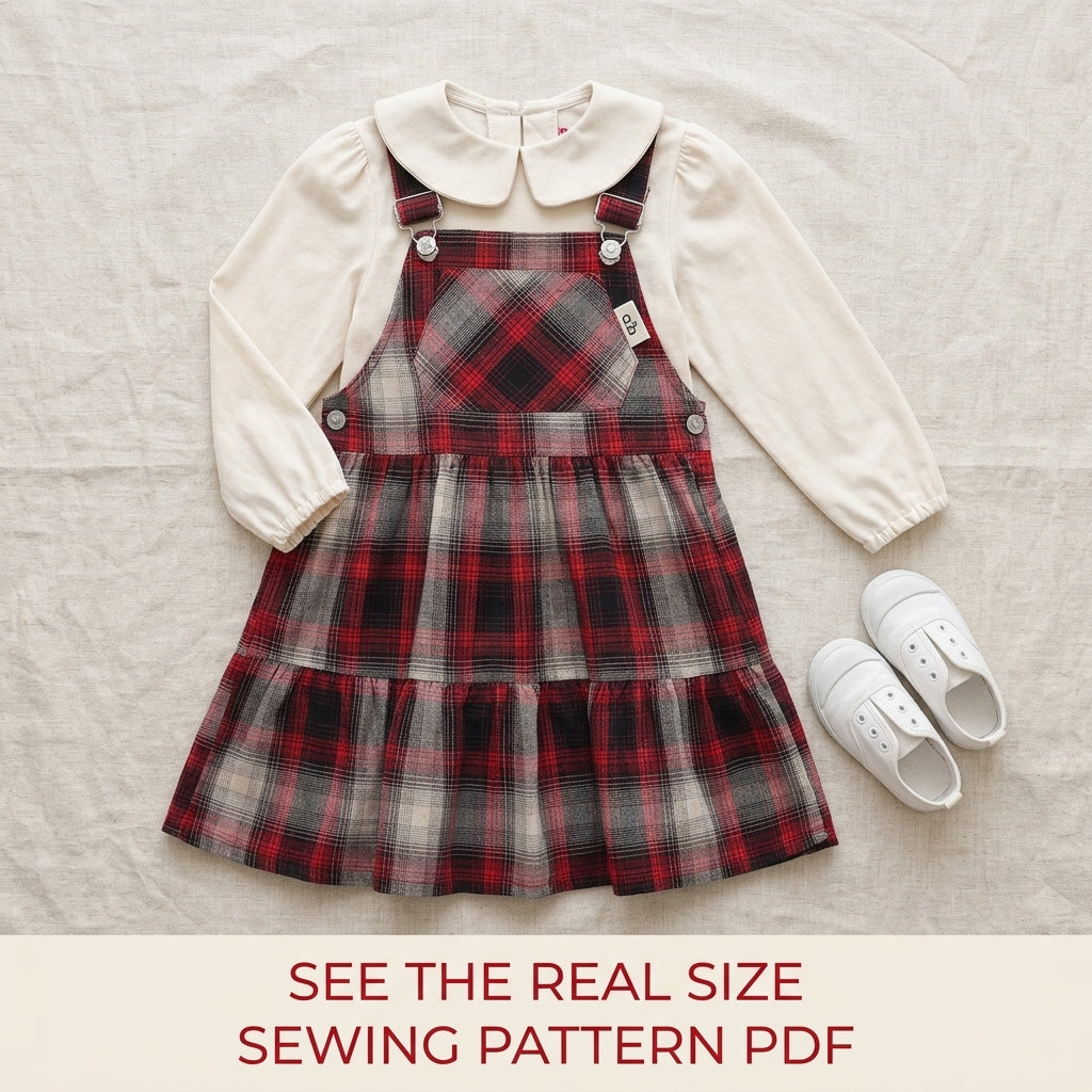 Girls Pinafore Dress Sewing Pattern PDF – Plaid Dungaree Dress with Blouse
