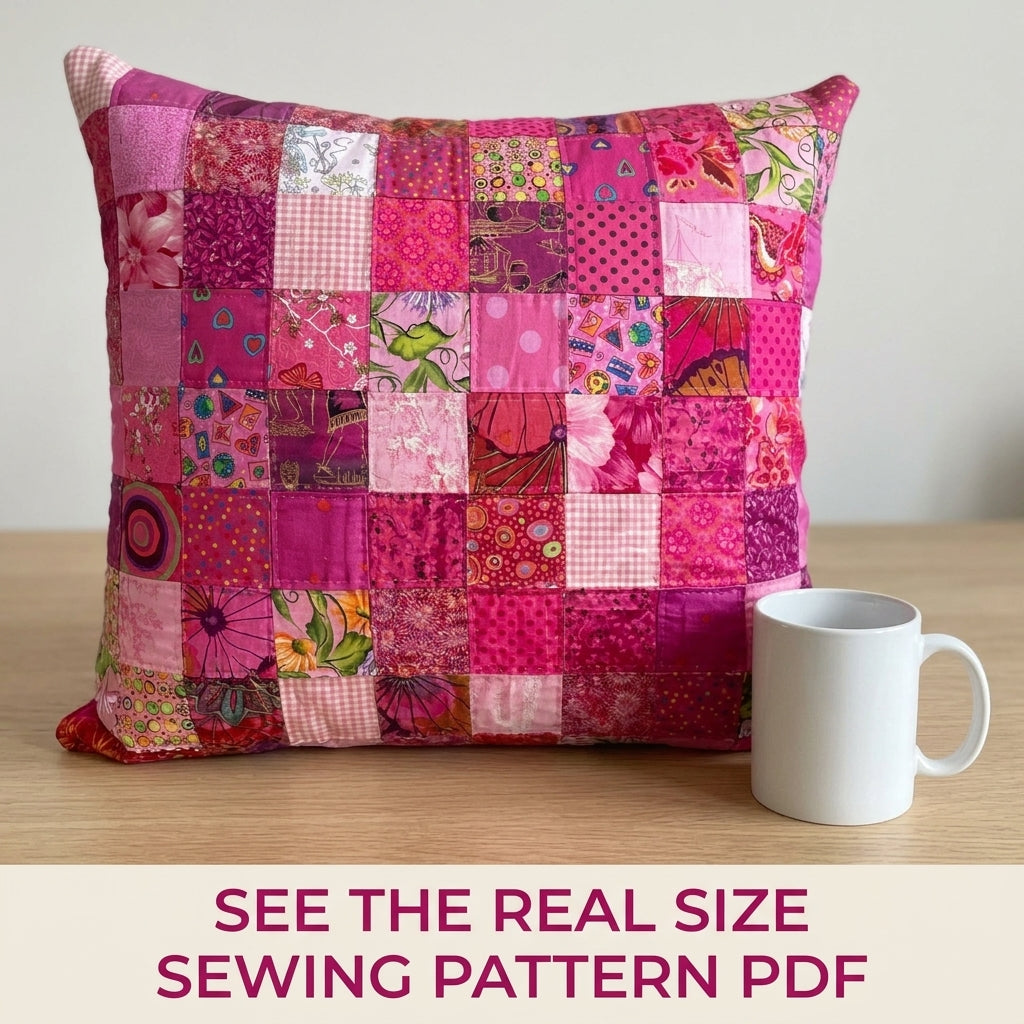 Pink Scrappy Patchwork Cushion Sewing Pattern PDF – Scrap Square Pillow Cover