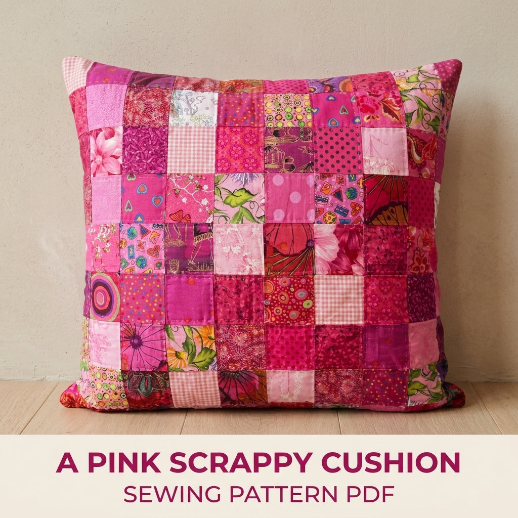 Pink Scrappy Patchwork Cushion Sewing Pattern PDF – Scrap Square Pillow Cover