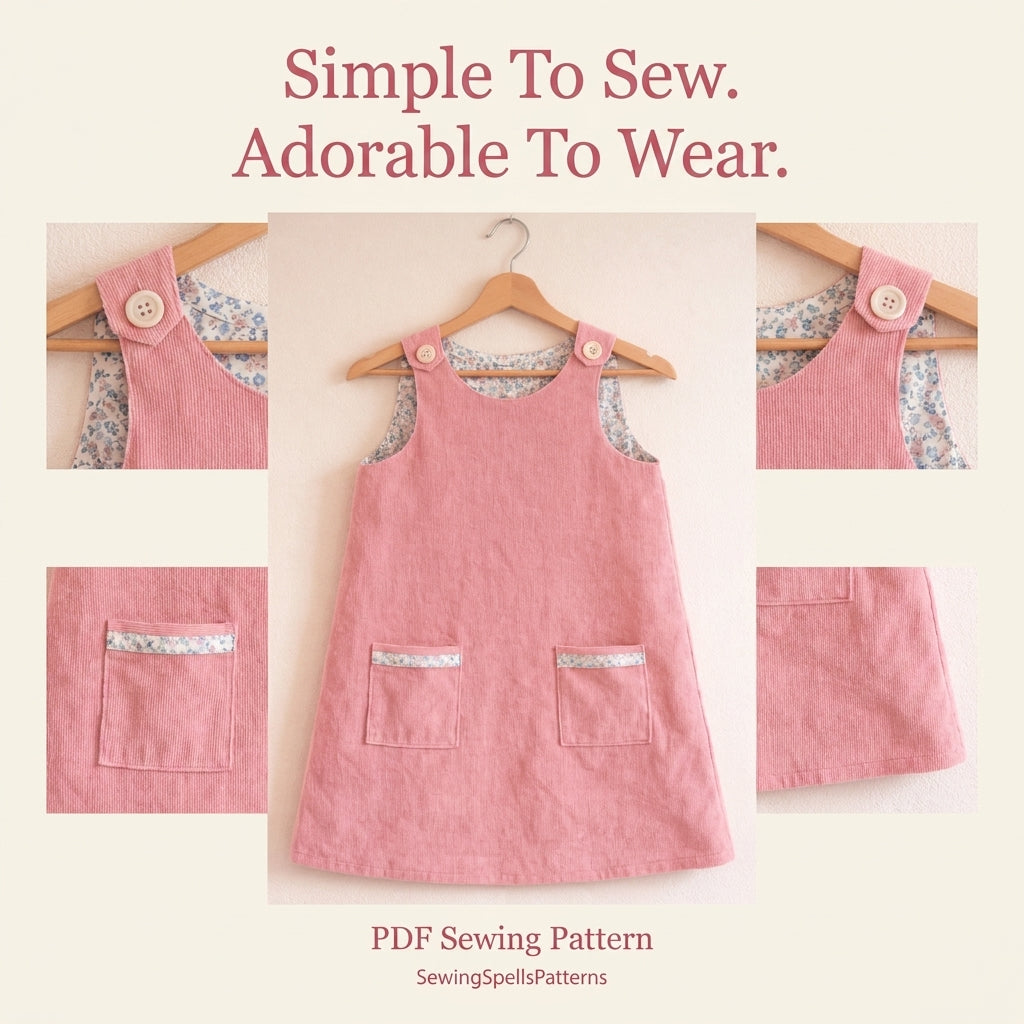 Girls' Pinafore Dress Sewing Pattern — Lined A-Line Pinafore with Patch Pockets, Ages 1–10, PDF Download