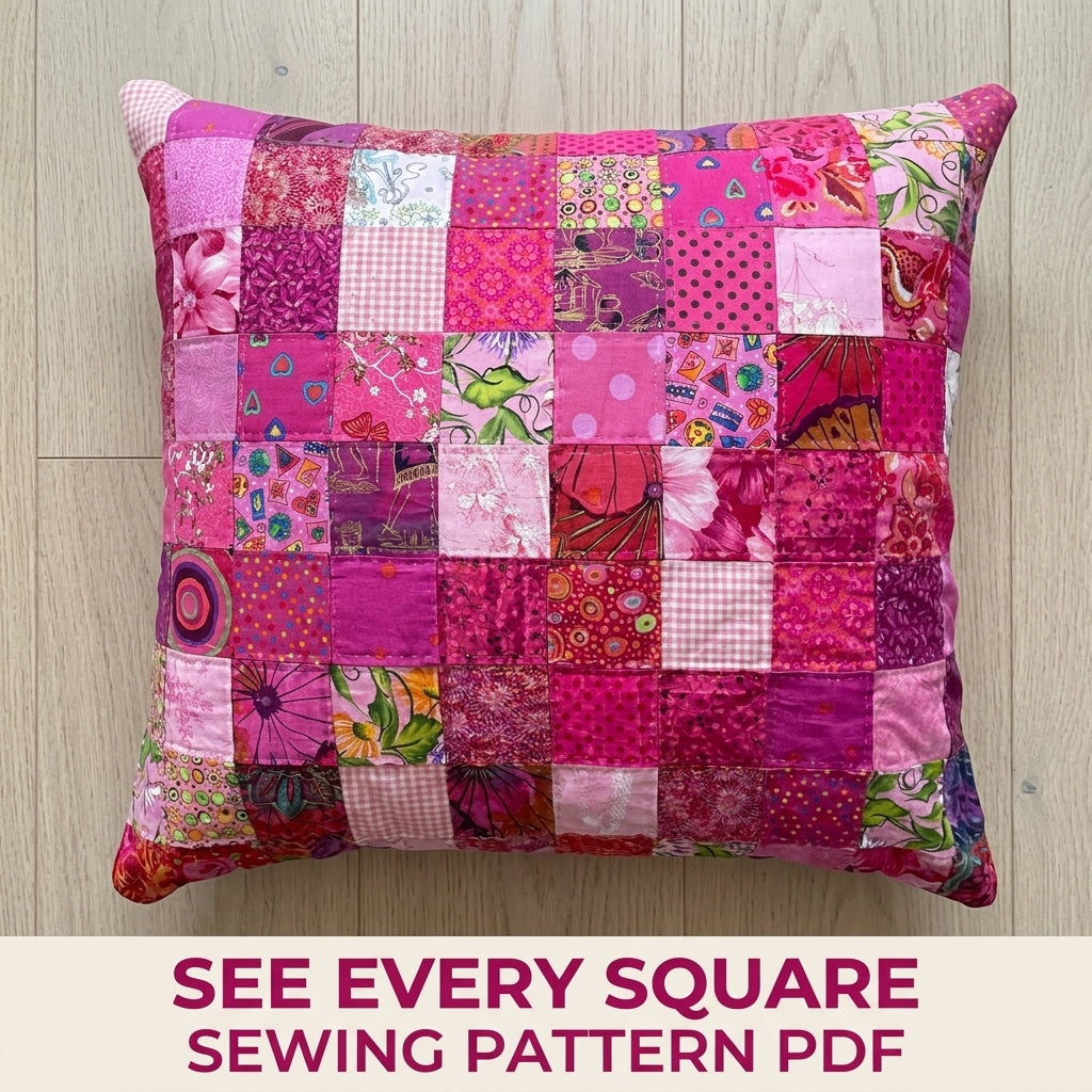 Pink Scrappy Patchwork Cushion Sewing Pattern PDF – Scrap Square Pillow Cover
