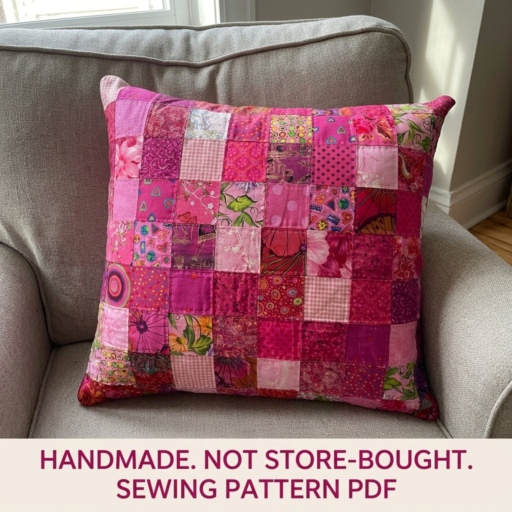 Pink Scrappy Patchwork Cushion Sewing Pattern PDF – Scrap Square Pillow Cover
