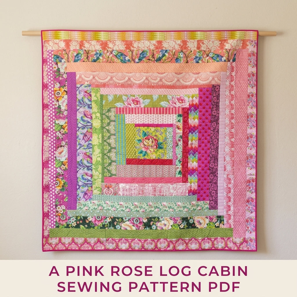 Pink Rose Log Cabin Medallion Quilt Pattern PDF – Big Strip Quilt for Large Prints