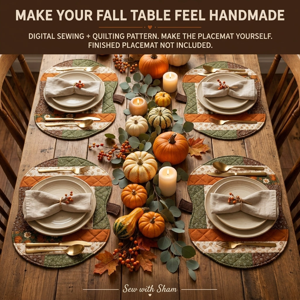 Pumpkin Placemat Pattern — Quilted Log Cabin Placemat in Pumpkin Shape, 2 Sizes, Beginner Friendly, PDF Download
