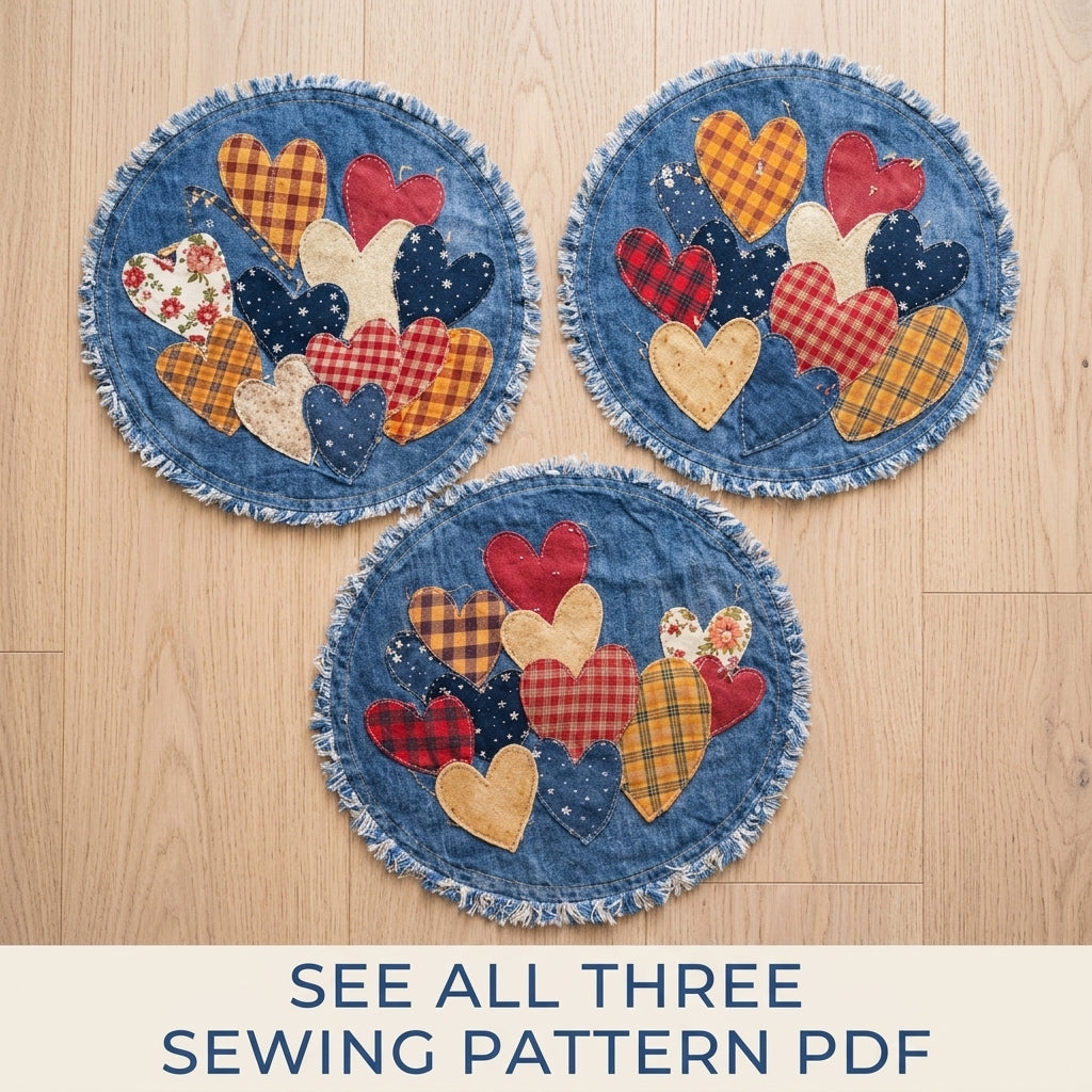 Denim Heart Placemats Sewing Pattern PDF – Upcycled Jeans Table Mats