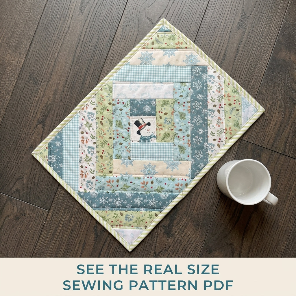 Snowman Log Cabin Placemat Sewing Pattern PDF – Winter Snowman Quilted Placemat