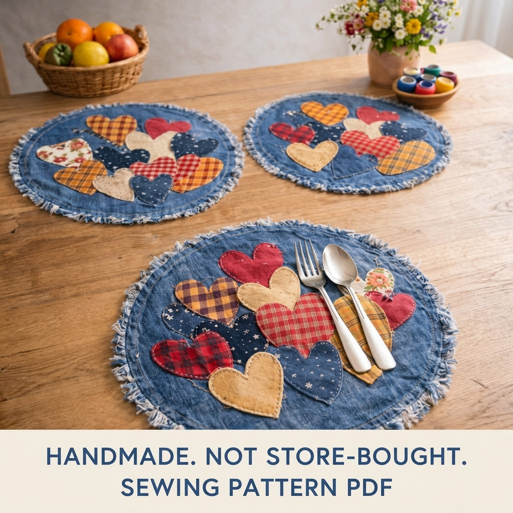 Denim Heart Placemats Sewing Pattern PDF – Upcycled Jeans Table Mats