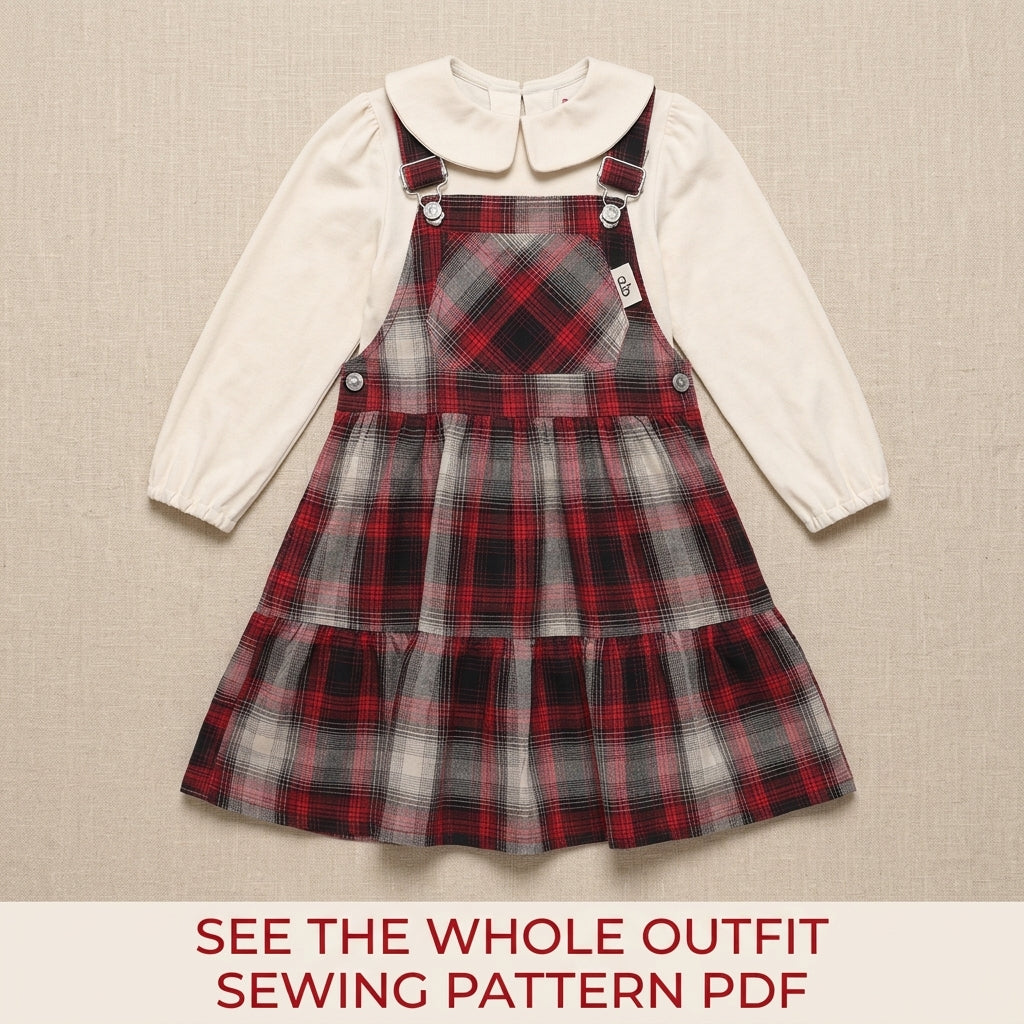 Girls Pinafore Dress Sewing Pattern PDF – Plaid Dungaree Dress with Blouse