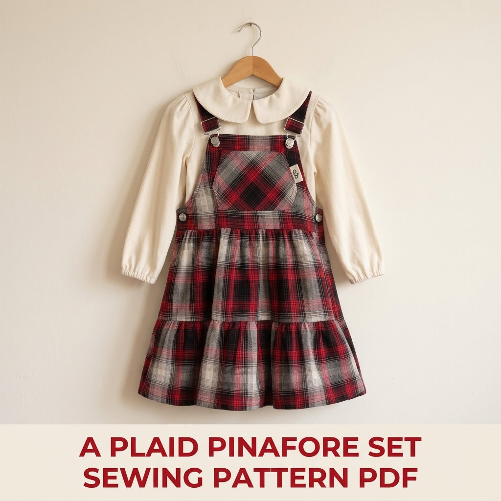 Girls Pinafore Dress Sewing Pattern PDF – Plaid Dungaree Dress with Blouse
