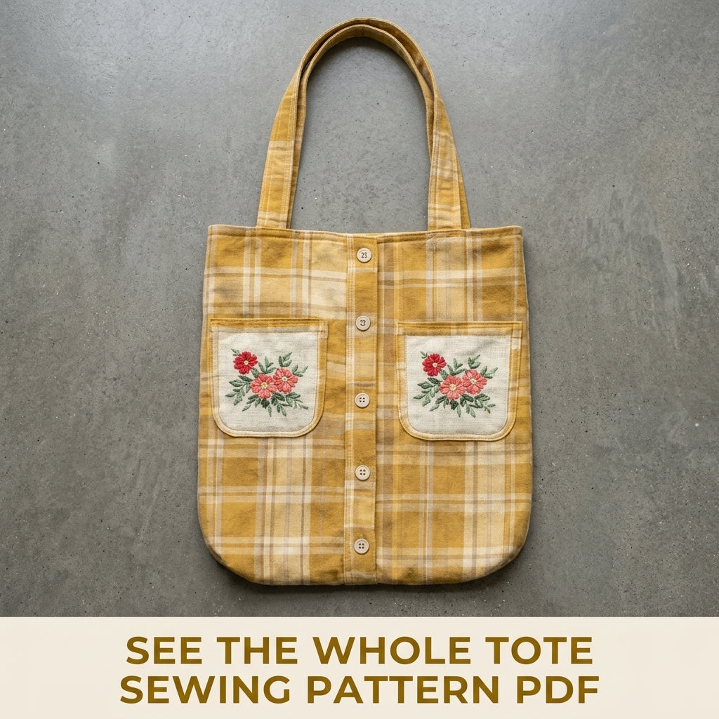 Mustard Shirt Tote Sewing Pattern PDF – Upcycled Shirt Bag with Embroidered Pockets