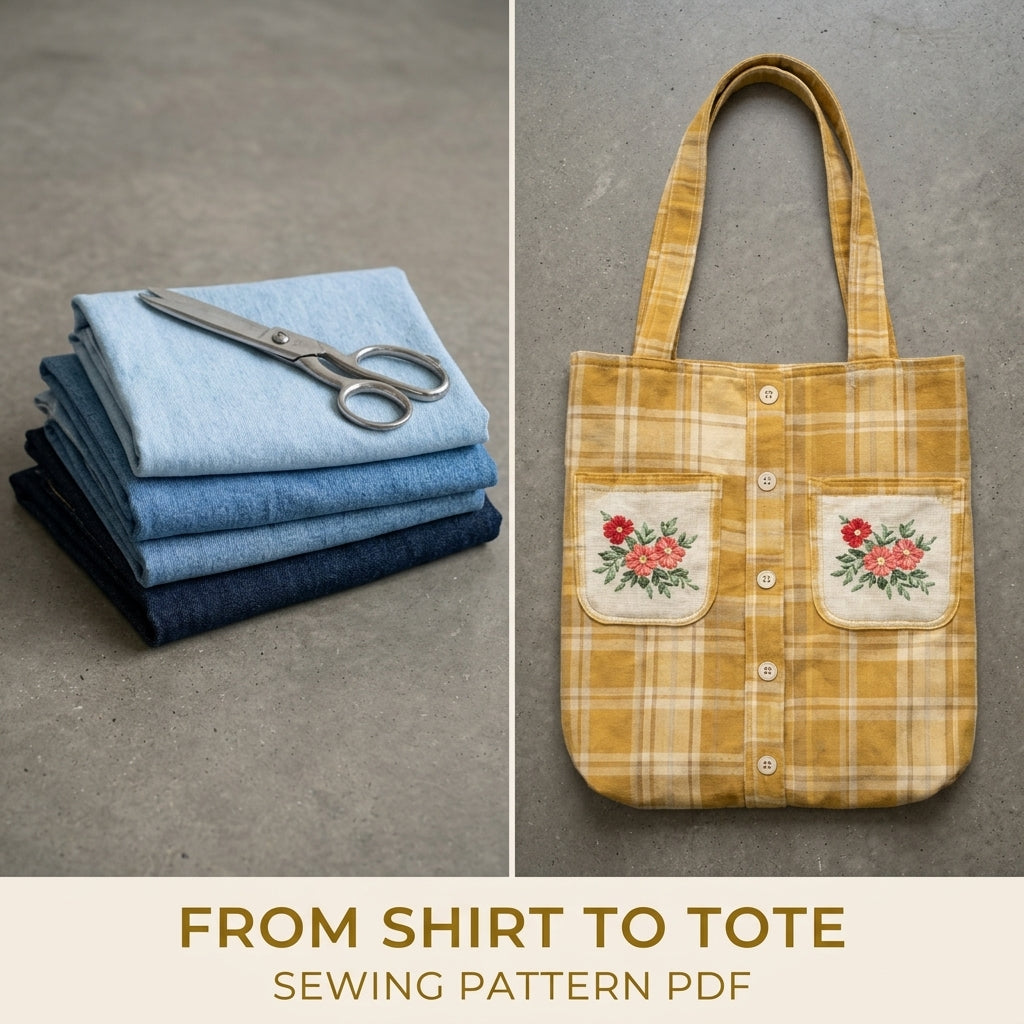 Mustard Shirt Tote Sewing Pattern PDF – Upcycled Shirt Bag with Embroidered Pockets