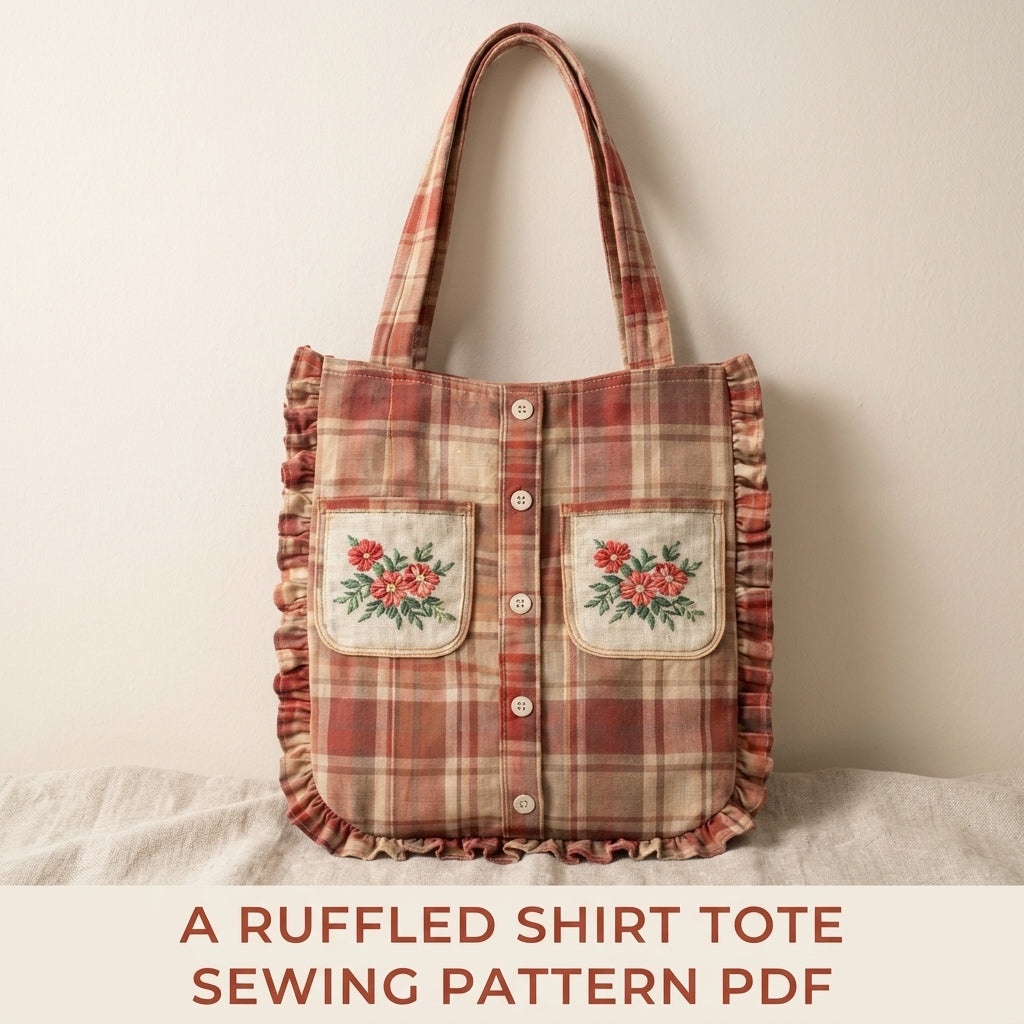 Ruffled Shirt Tote Sewing Pattern PDF – Upcycled Shirt Bag with Embroidered Pockets