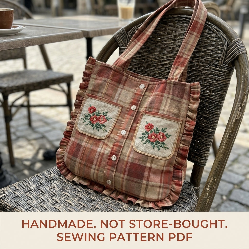 Ruffled Shirt Tote Sewing Pattern PDF – Upcycled Shirt Bag with Embroidered Pockets