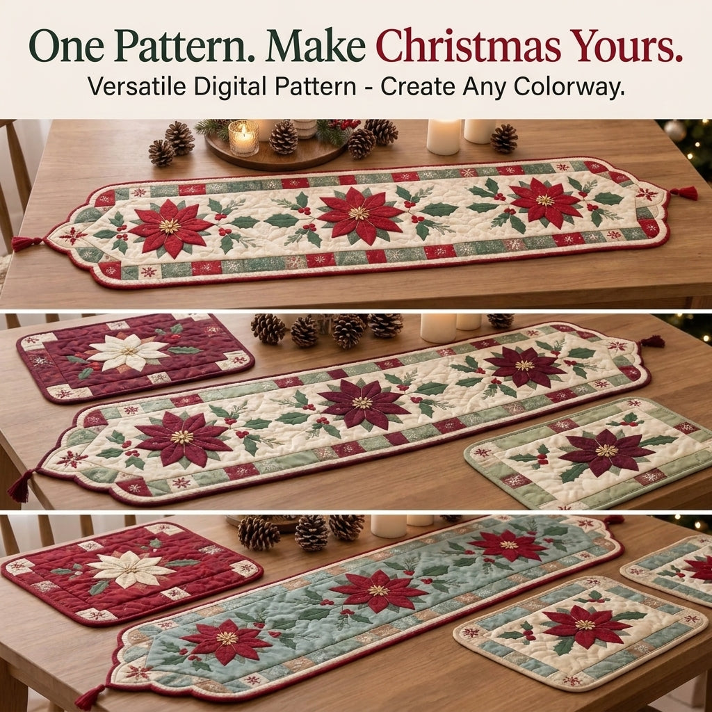 Poinsettia Christmas Table Runner & Placemats Quilt Pattern | Appliqué Runner Plus 4 Placemats | Scandinavian Holiday Table Set | PDF Instant Download