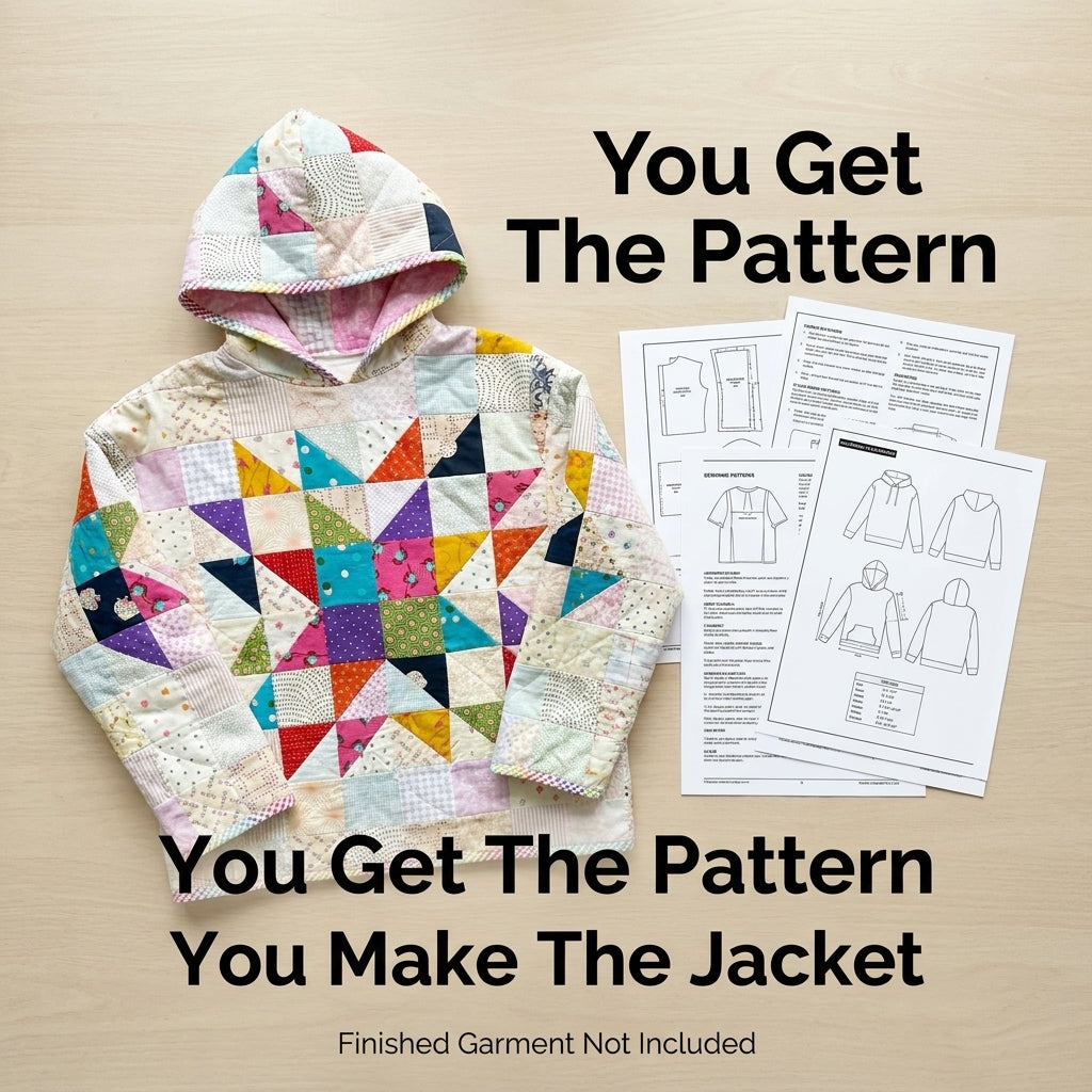 Quilted Hoodie Sewing Pattern — Pullover Patchwork Hoodie with Star Block, Sizes XS–3XL, A0 and A4 PDF