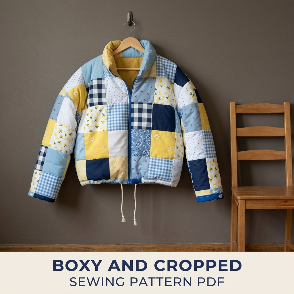 Patchwork Puffer Jacket Sewing Pattern PDF – Cropped Quilted Scrap Puffer Coat