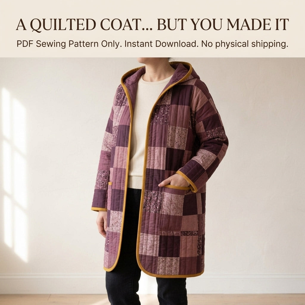 Hooded Quilted Coat Sewing Pattern PDF – Knee-Length Patchwork Quilt Coat with Bias Binding