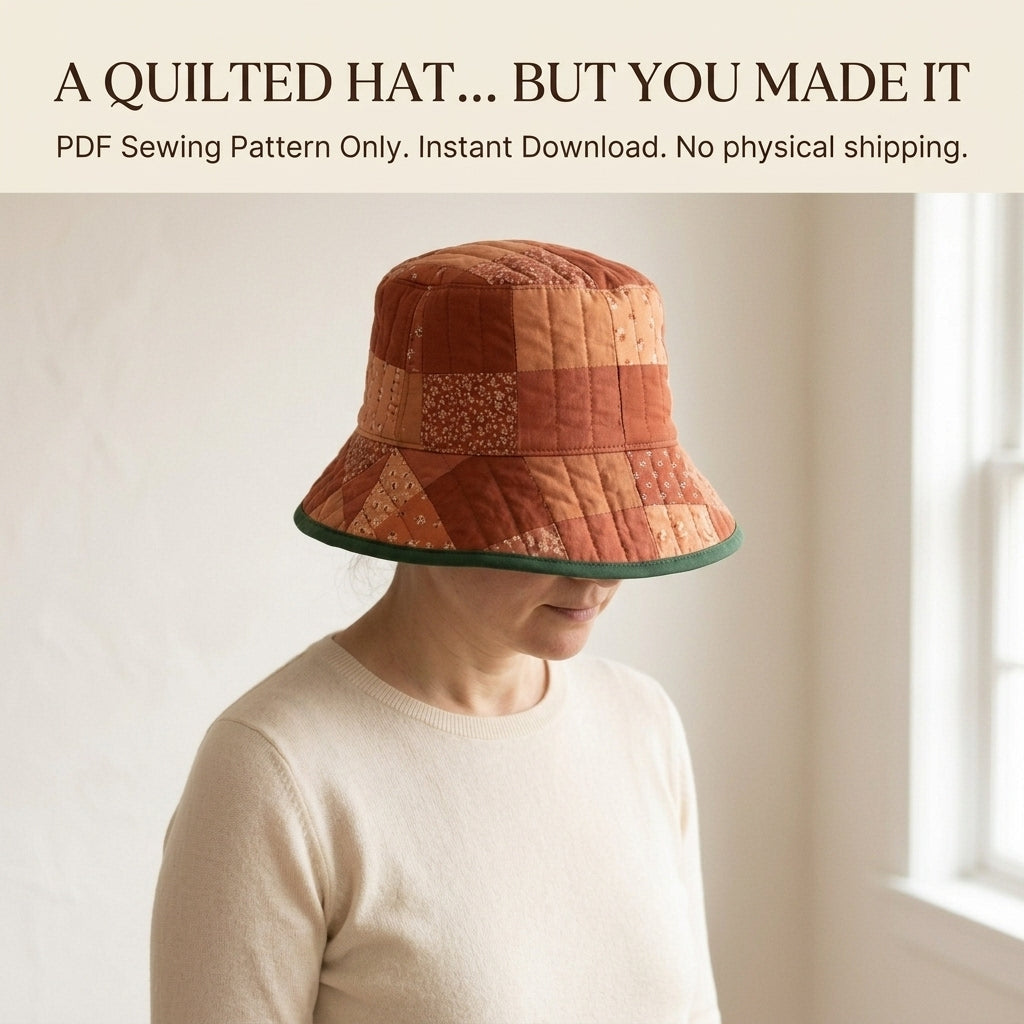 Quilted Bucket Hat Sewing Pattern PDF – Patchwork Quilt Bucket Hat with Bound Brim