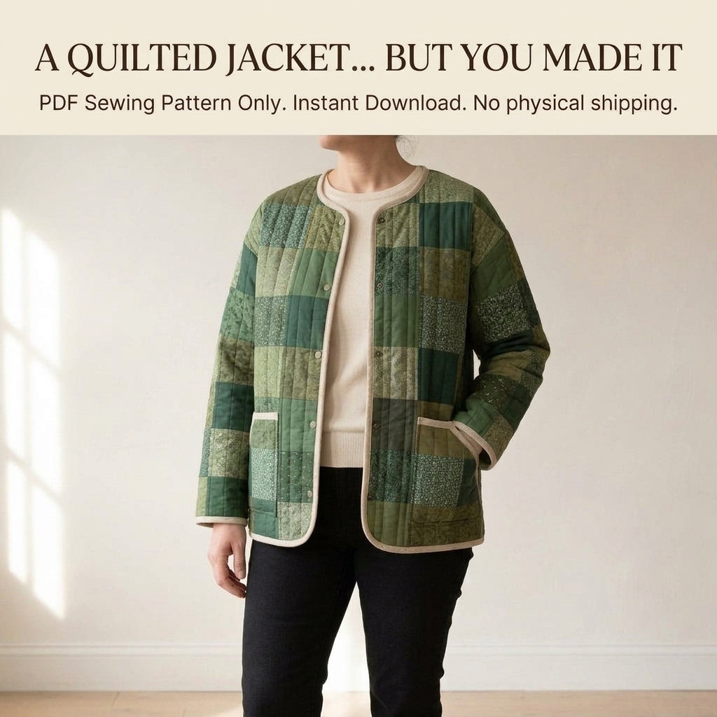 Collarless Quilted Coat Sewing Pattern PDF – Easy Patchwork Jacket