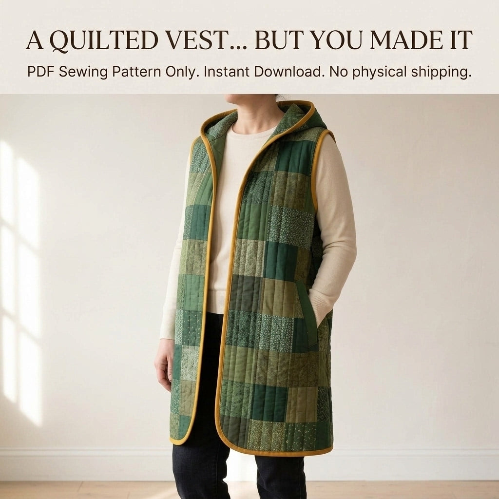 Long Hooded Quilted Vest Sewing Pattern PDF – Knee-Length Patchwork Vest with Pockets and Binding