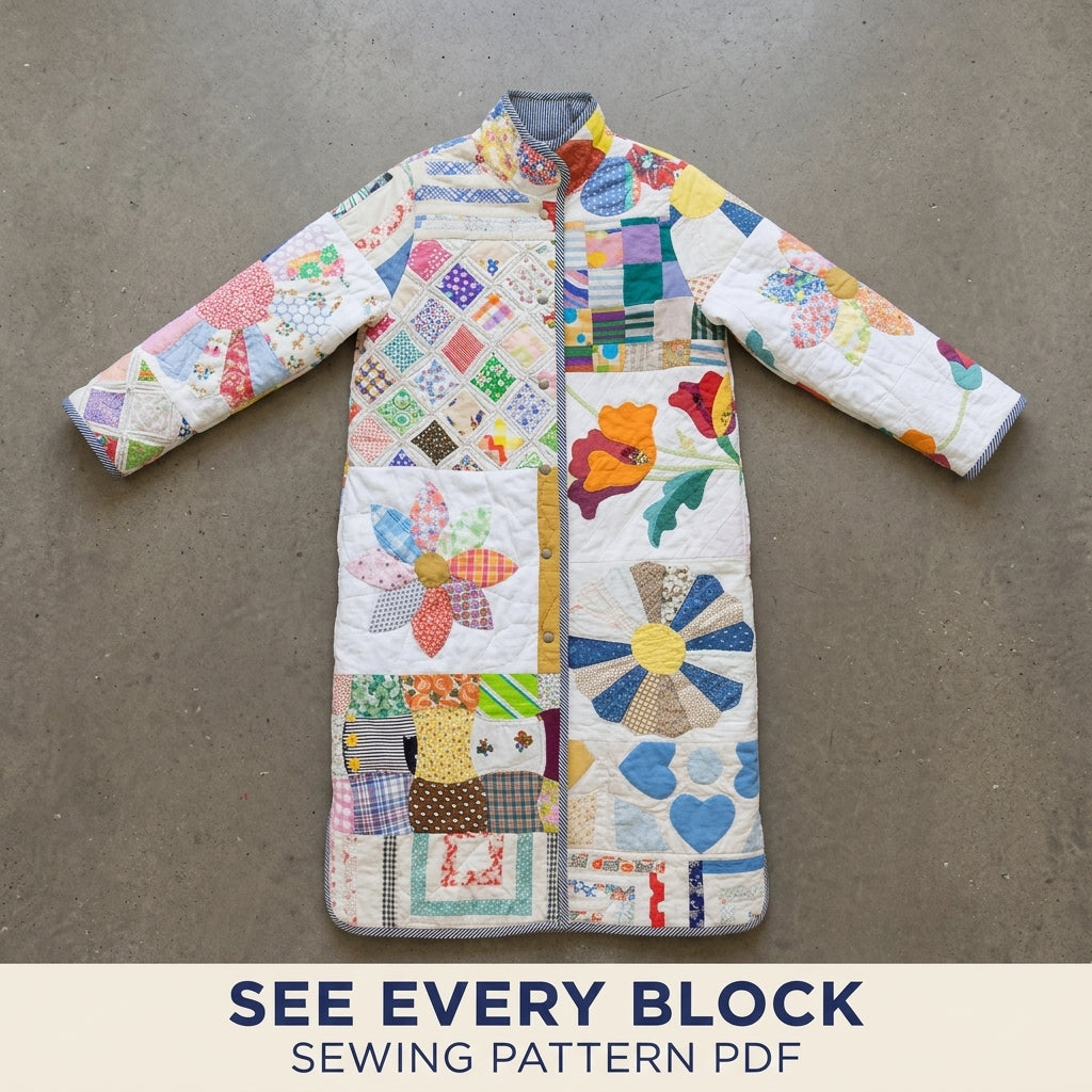 Scrappy Sampler Quilt Coat Sewing Pattern PDF – Long Coat from Orphan Blocks