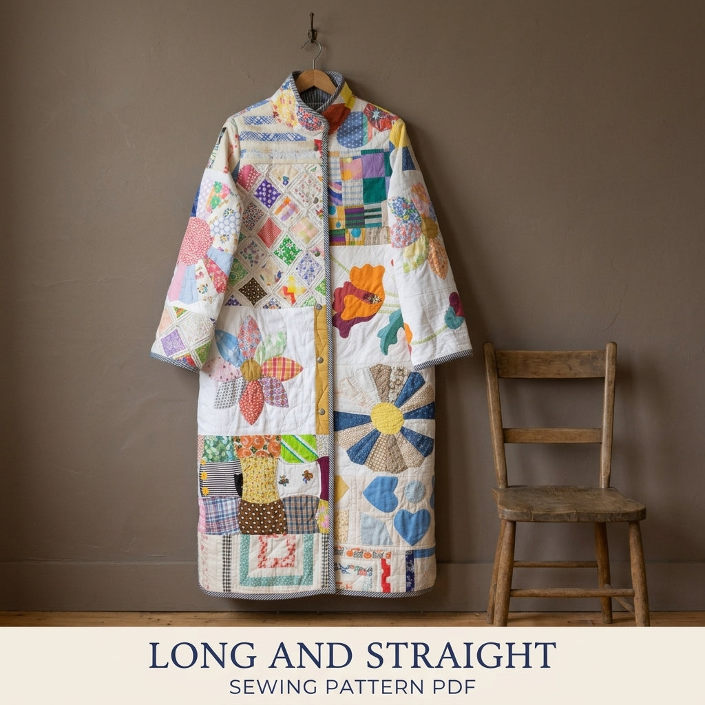 Scrappy Sampler Quilt Coat Sewing Pattern PDF – Long Coat from Orphan Blocks