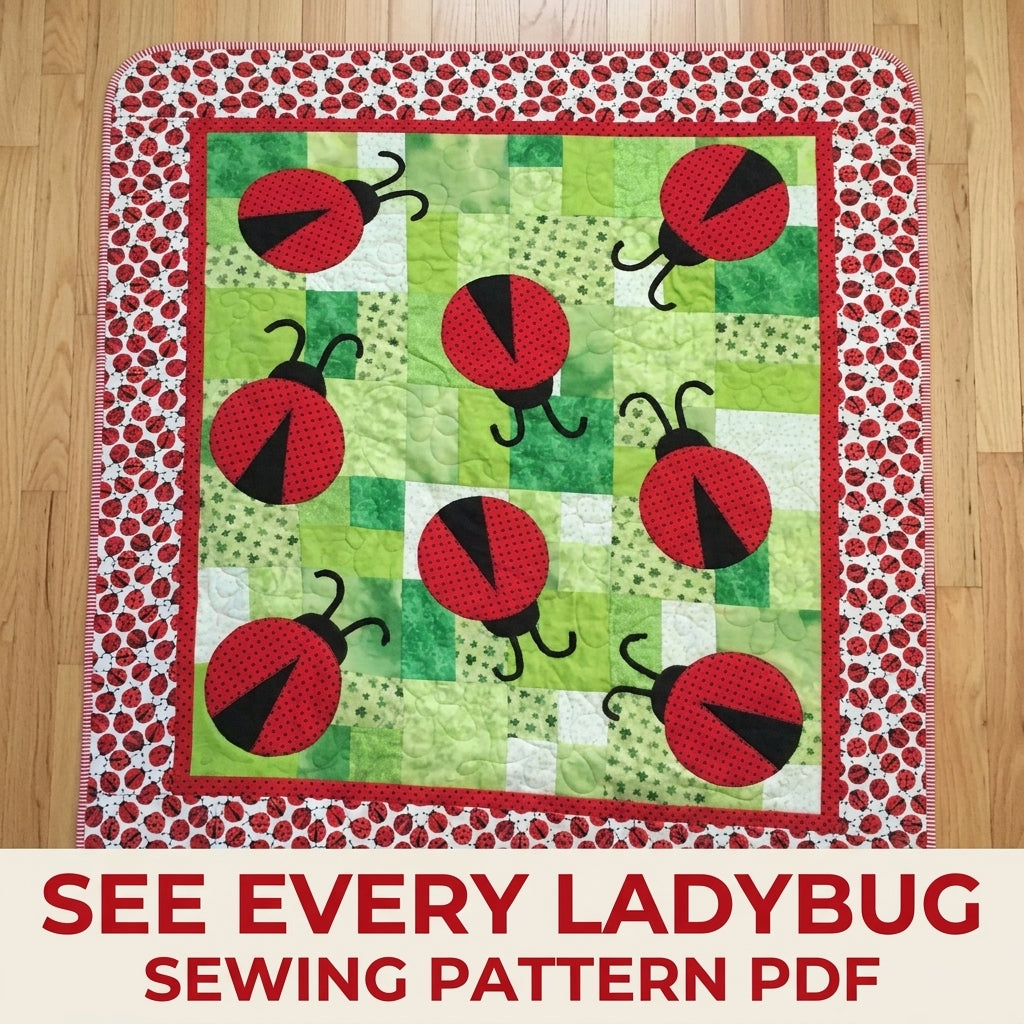 Ladybug Meadow Quilt Sewing Pattern PDF – Appliqué Ladybug Quilt on Green Patchwork