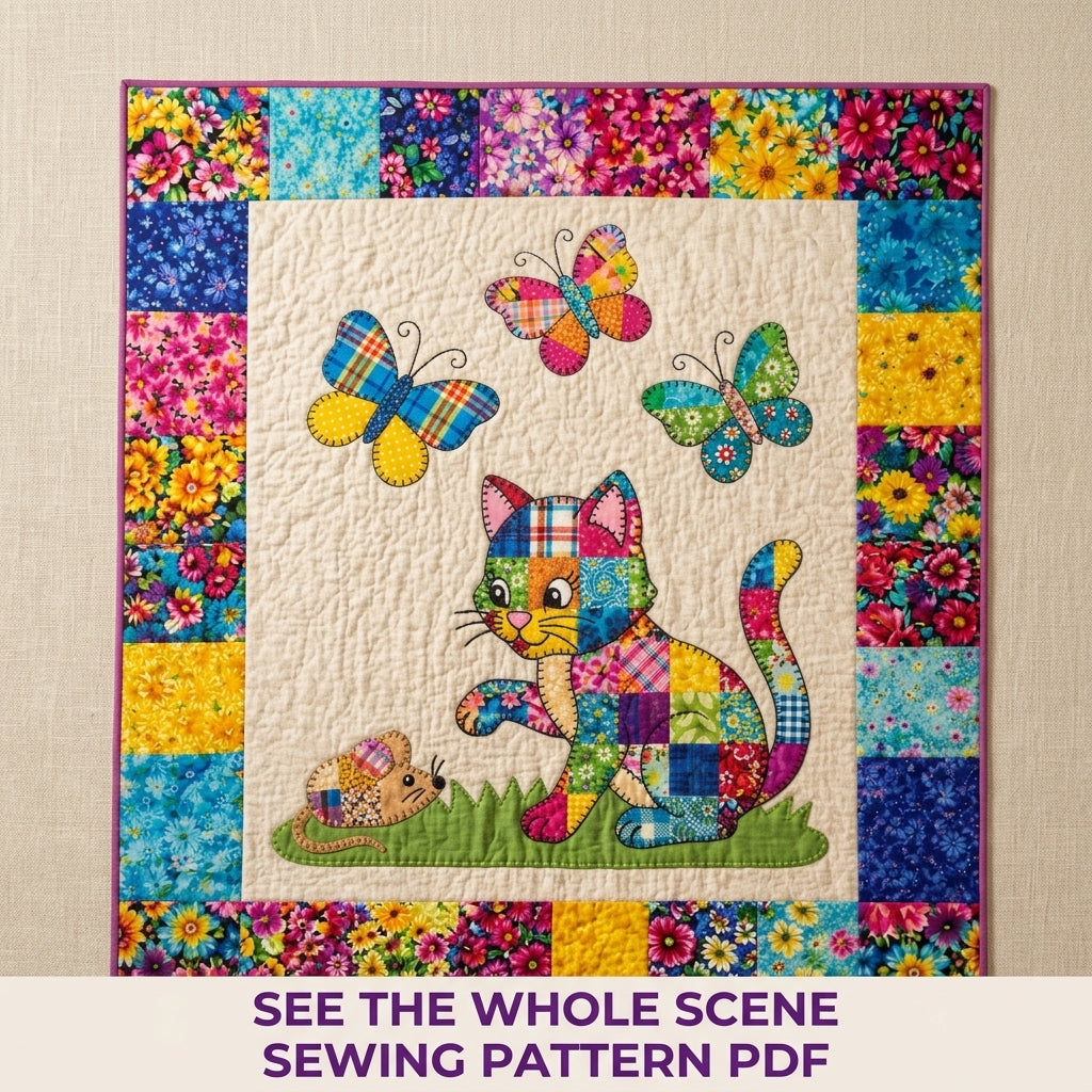 Patchwork Cat and Butterflies Quilt Sewing Pattern PDF – Scrappy Appliqué Quilt