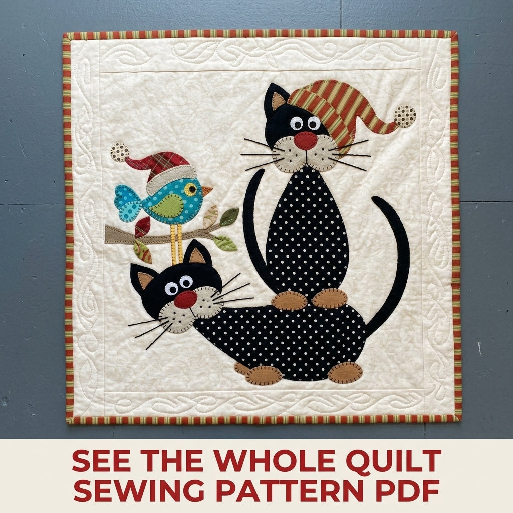Polka Dot Cats Quilt Sewing Pattern PDF – Folk Cat Appliqué Lap Quilt