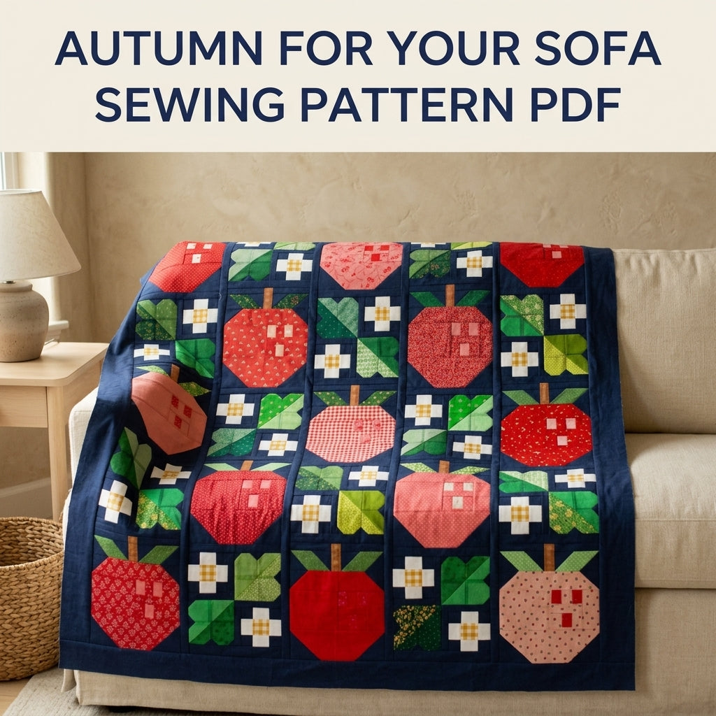 Apple Orchard Quilt Pattern PDF – Pieced Apple and Blossom Block Throw on Navy