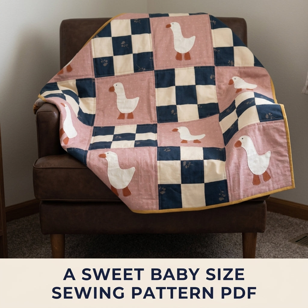Goose Checkerboard Quilt Sewing Pattern PDF – Baby Quilt with Goose Appliqué
