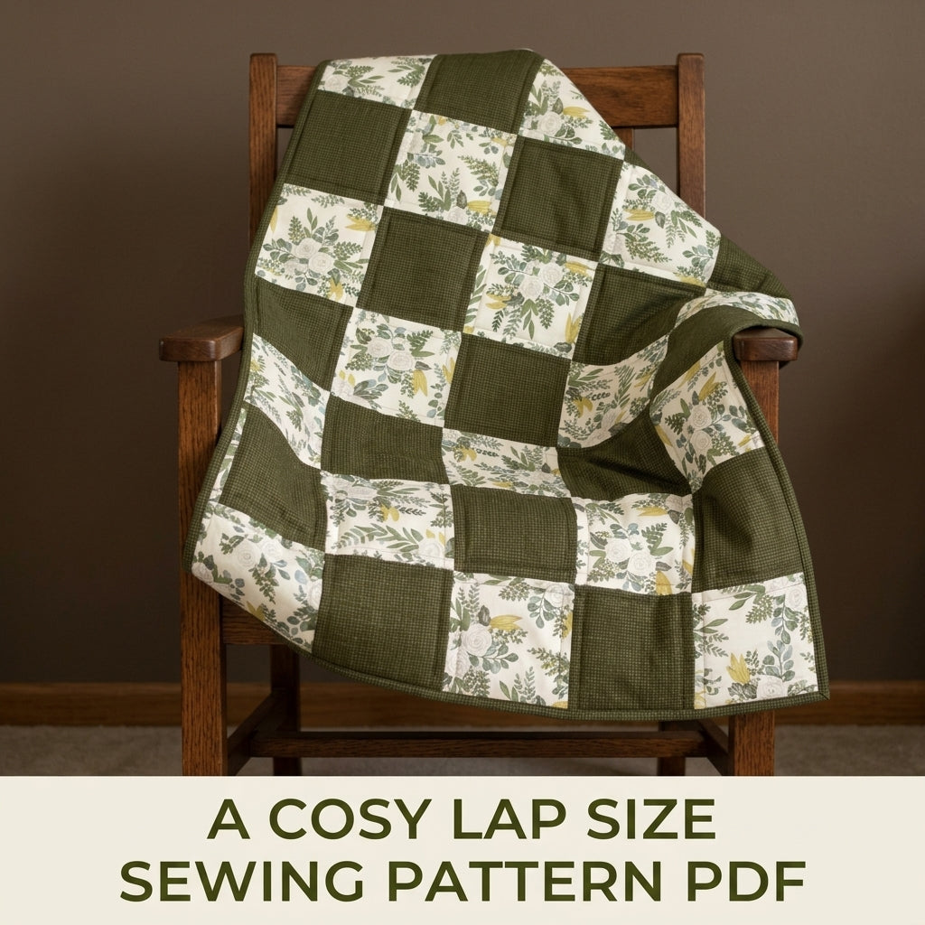 Olive Botanical Checkerboard Lap Quilt Sewing Pattern PDF – Easy Two Fabric Quilt