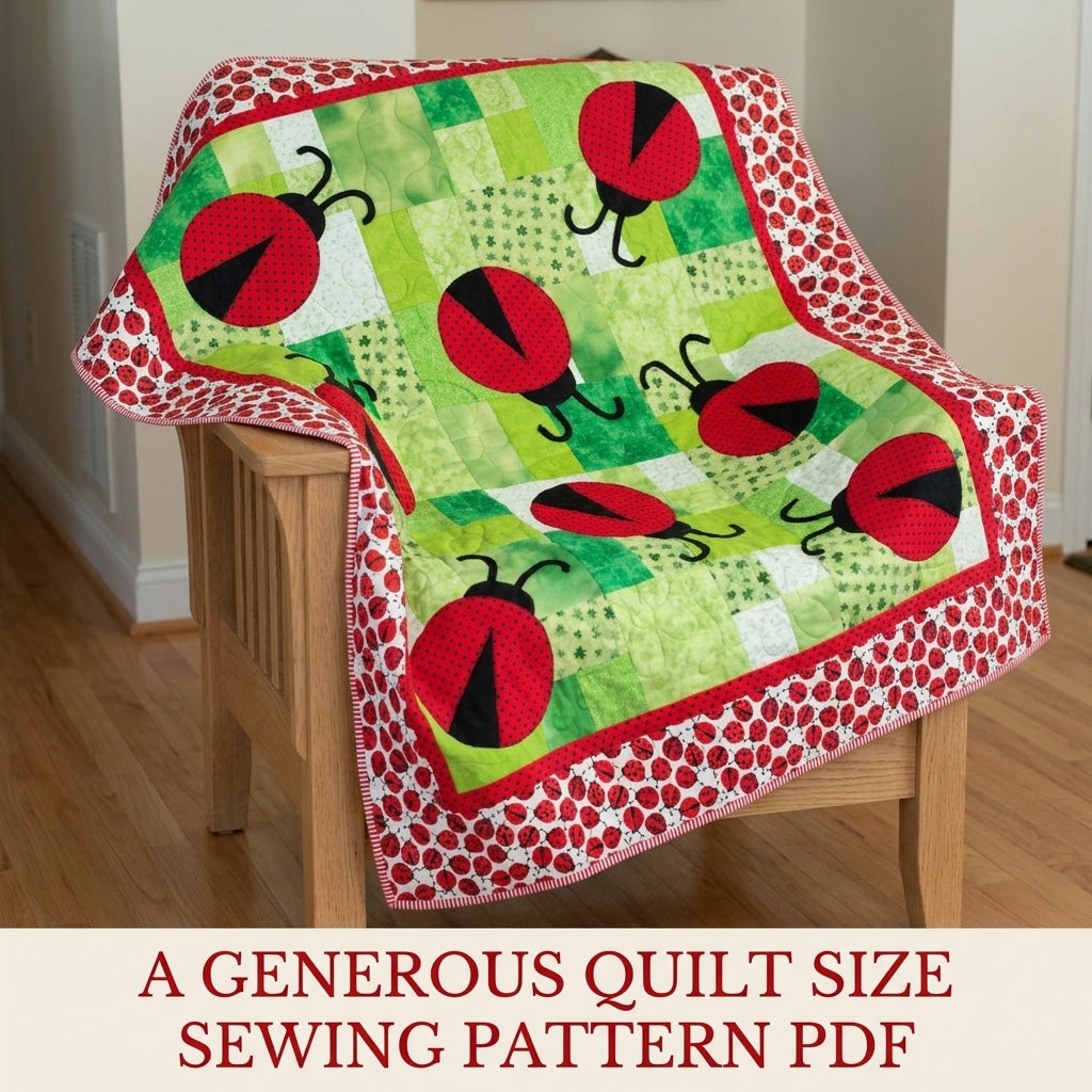 Ladybug Meadow Quilt Sewing Pattern PDF – Appliqué Ladybug Quilt on Green Patchwork
