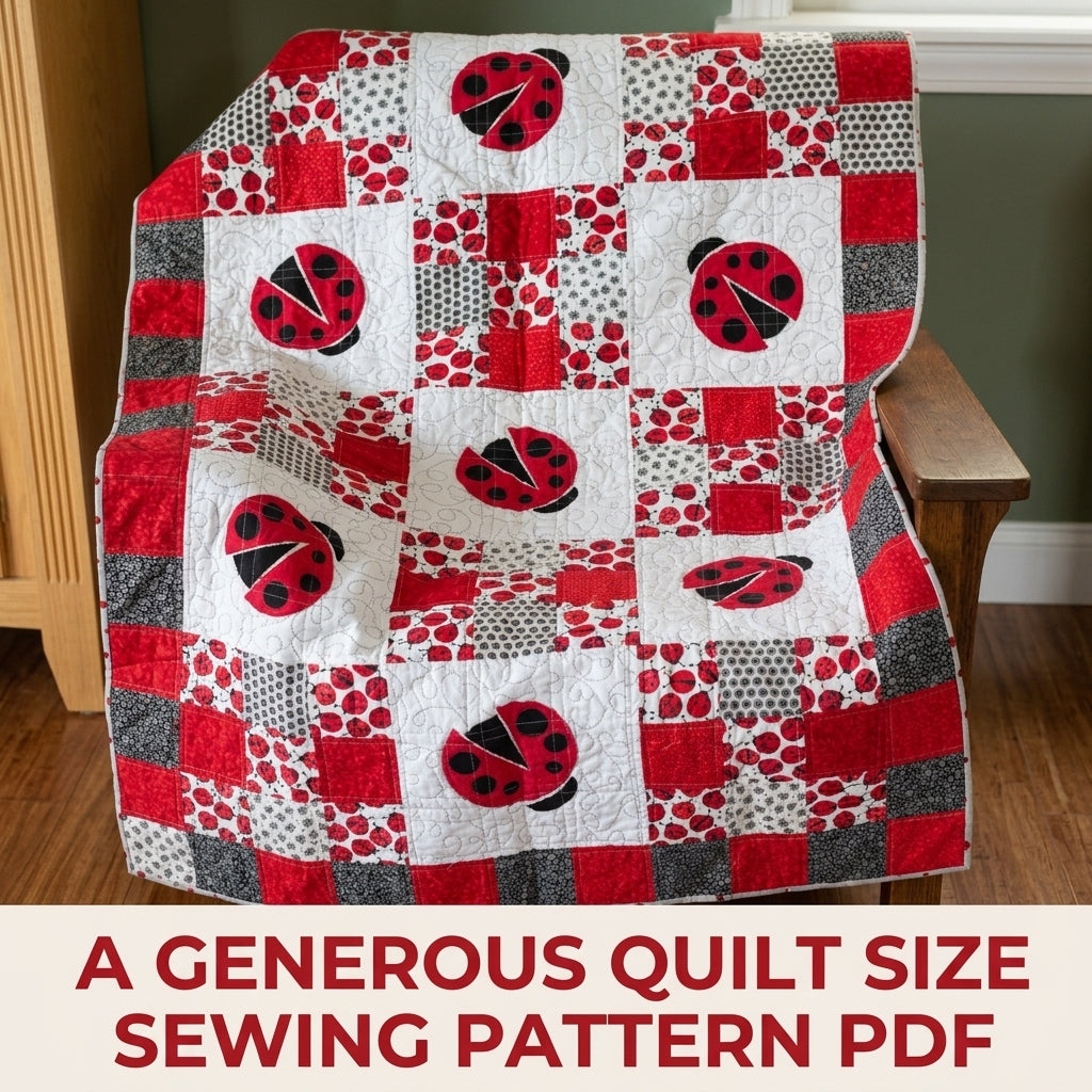 Scrappy Ladybug Patchwork Quilt Sewing Pattern PDF – Red and White Appliqué Quilt