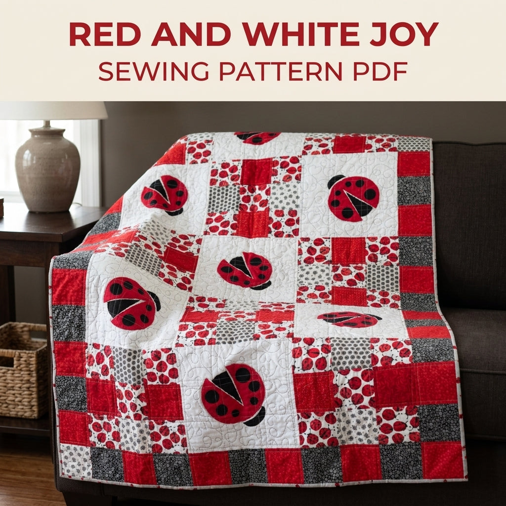 Scrappy Ladybug Patchwork Quilt Sewing Pattern PDF – Red and White Appliqué Quilt