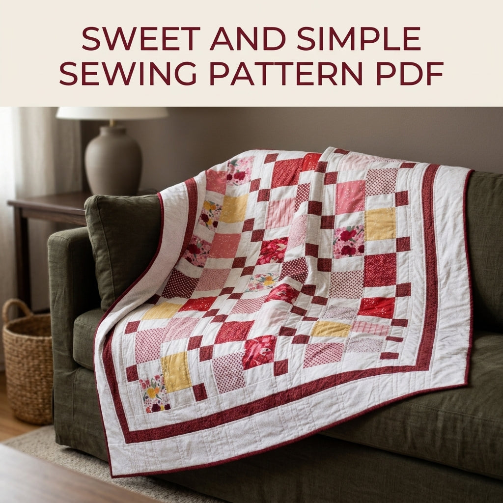 Burgundy Steps Squares Quilt Sewing Pattern PDF – Big Print Squares with Stepping Cornerstones