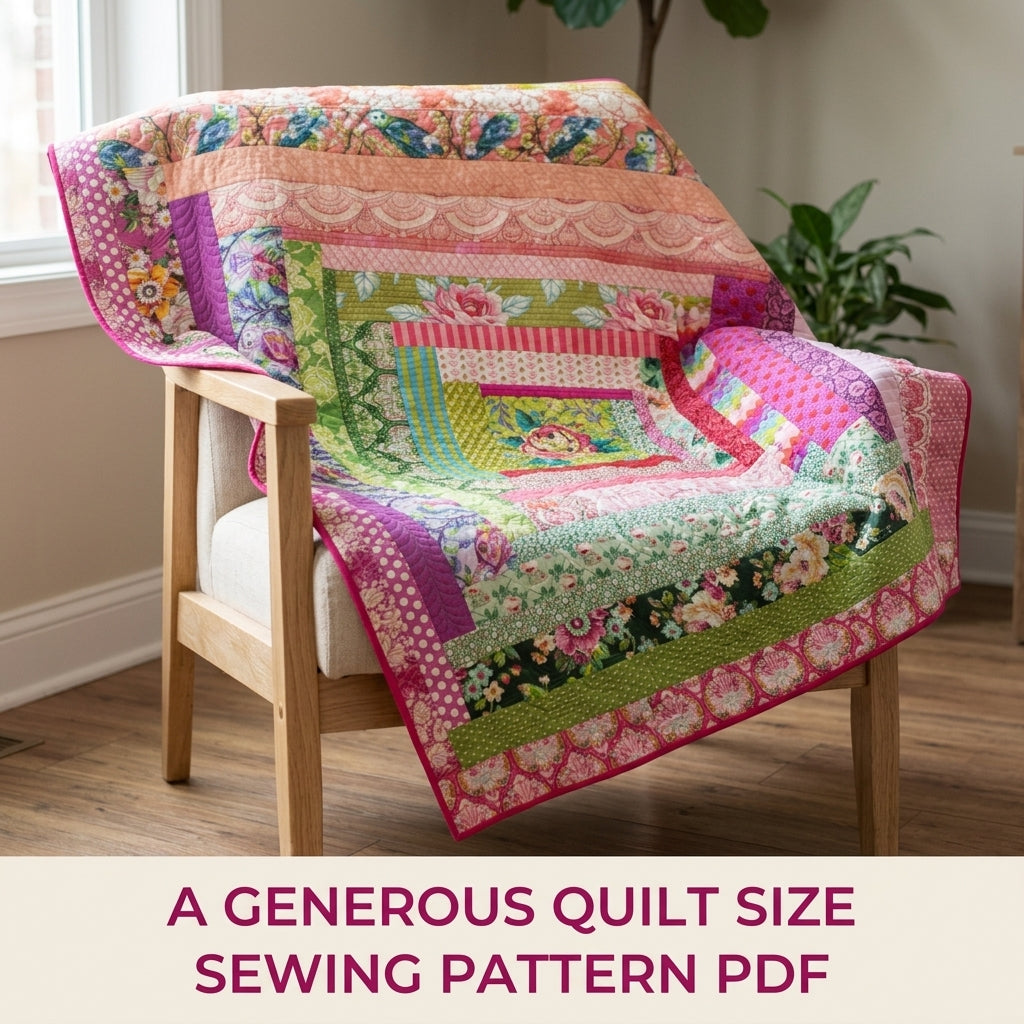 Pink Rose Log Cabin Medallion Quilt Pattern PDF – Big Strip Quilt for Large Prints