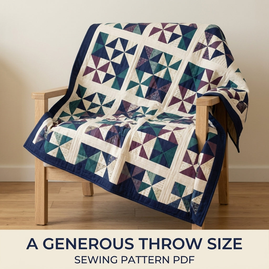 Modern Pinwheel Quilt Pattern PDF – Half-Square Triangle Throw Quilt with Sashing and Border