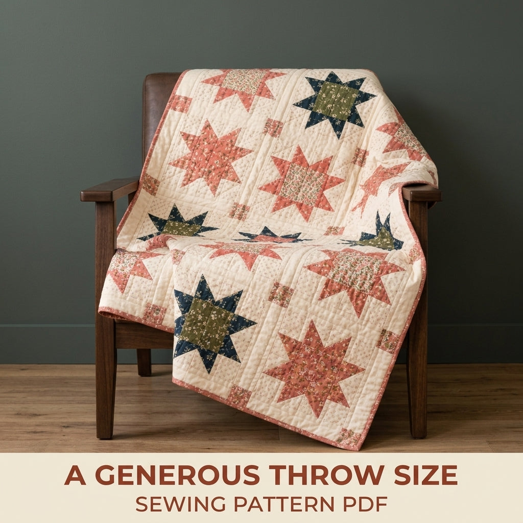 Sawtooth Star Quilt Pattern PDF – Traditional Star Throw Quilt with Sashing and Cornerstones