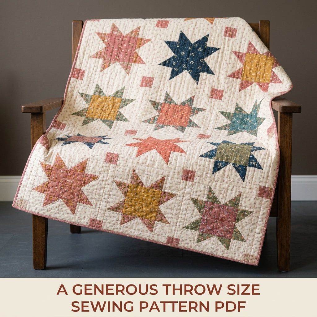 Scrappy Sawtooth Star Quilt Pattern PDF – Star Throw Quilt with Sashing and Cornerstones