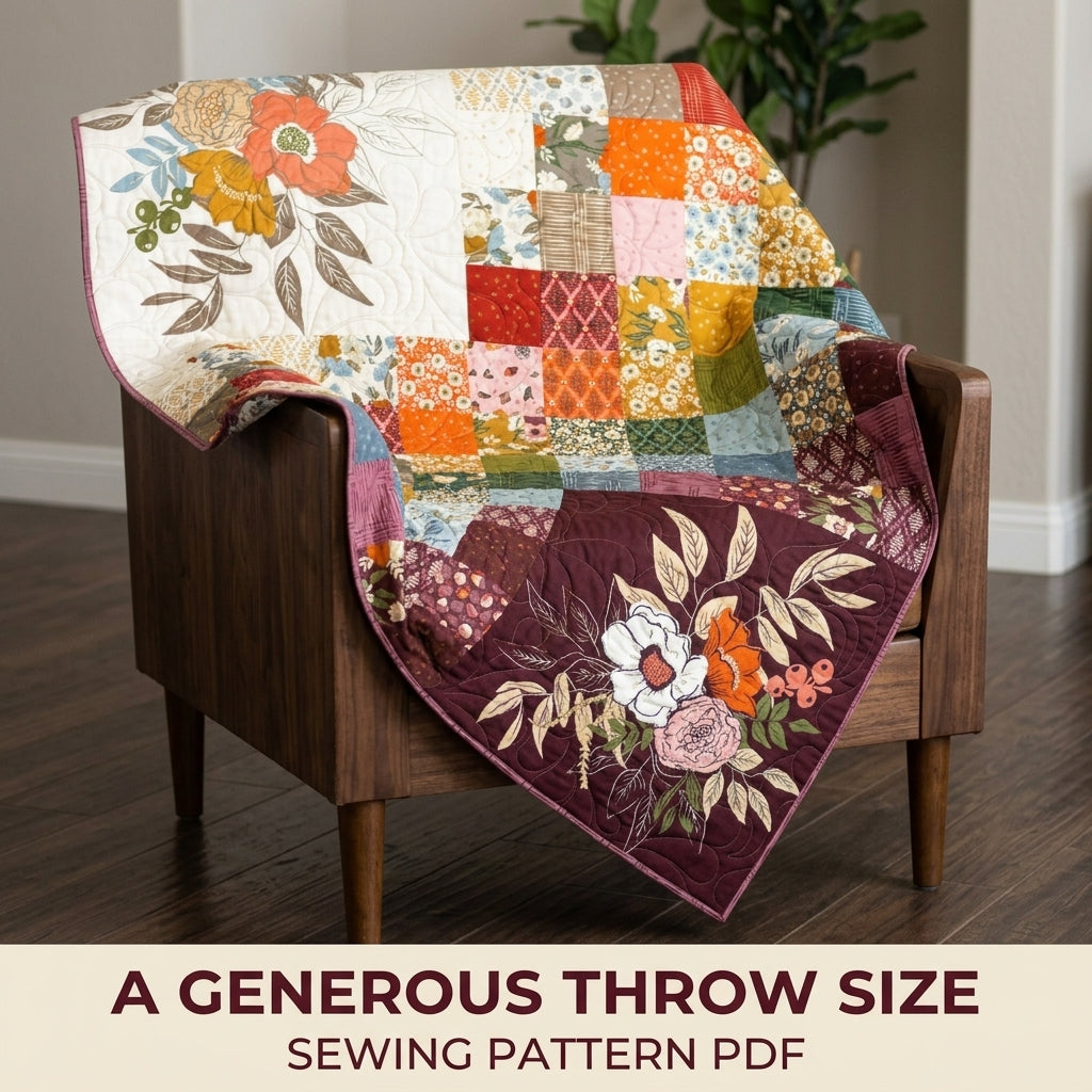 Floral Panel Scrappy Quilt Pattern PDF – Big Print Showcase Throw with Patchwork Squares