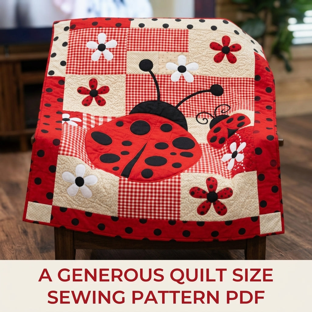 Big Ladybug Gingham Quilt Sewing Pattern PDF – Giant Ladybug Appliqué Quilt