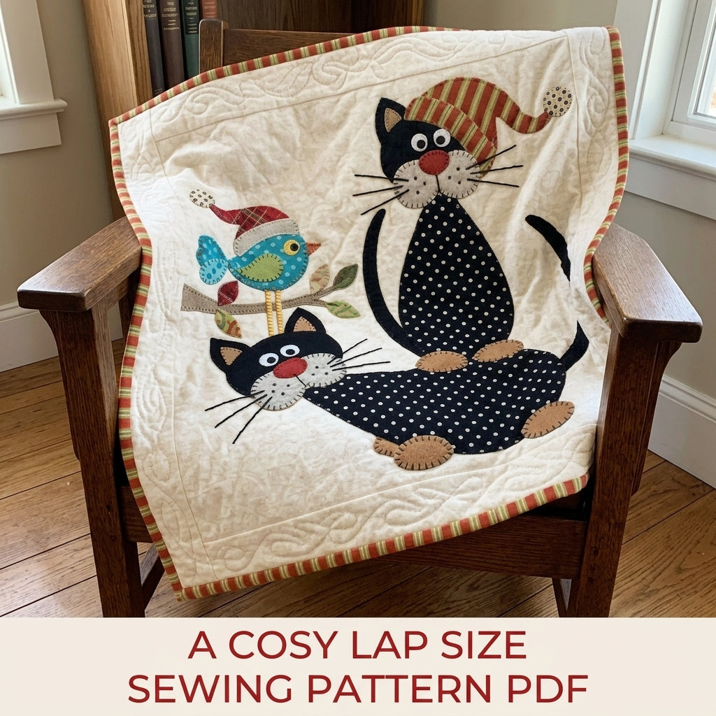 Polka Dot Cats Quilt Sewing Pattern PDF – Folk Cat Appliqué Lap Quilt