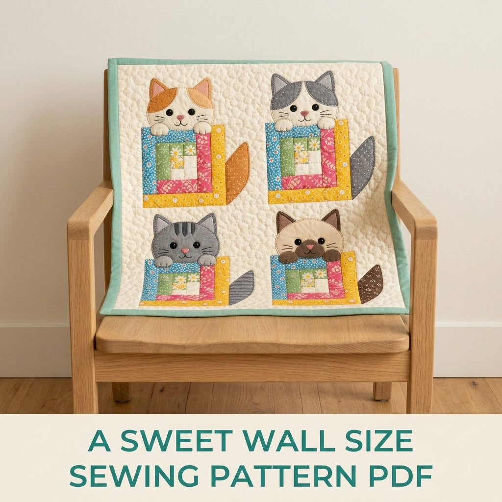 Log Cabin Kitty Mini Quilt Sewing Pattern PDF – Cat Appliqué Wall Quilt