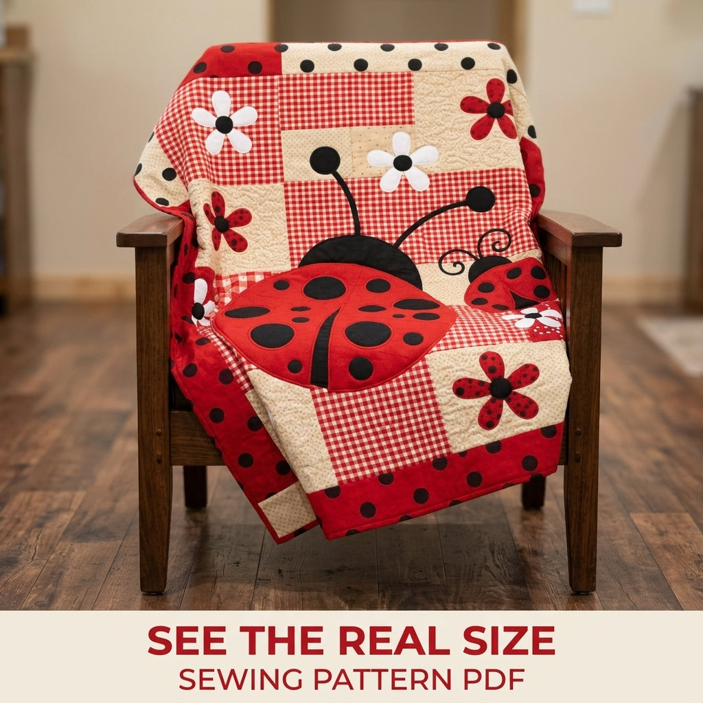 Big Ladybug Gingham Quilt Sewing Pattern PDF – Appliqué Baby Quilt
