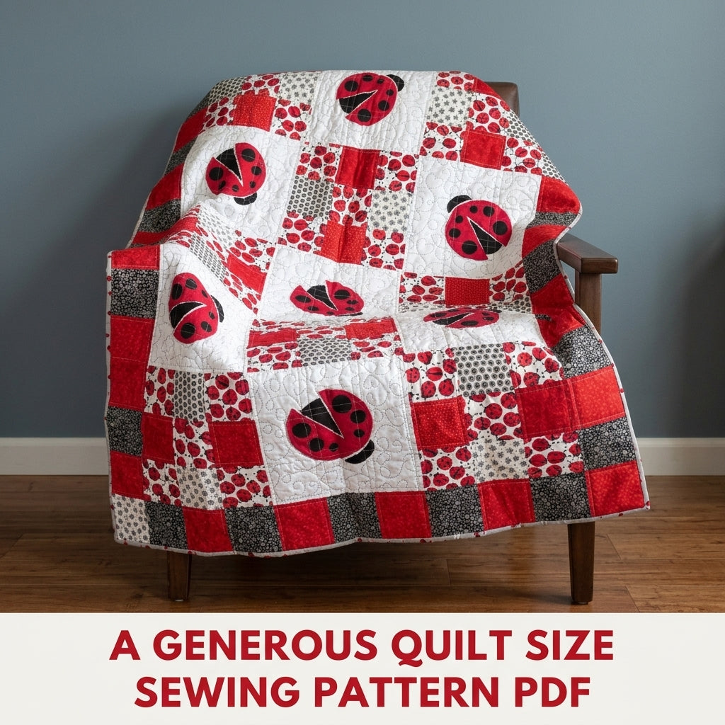 Ladybug Patchwork Quilt Sewing Pattern PDF – Appliqué Ladybug Squares Quilt