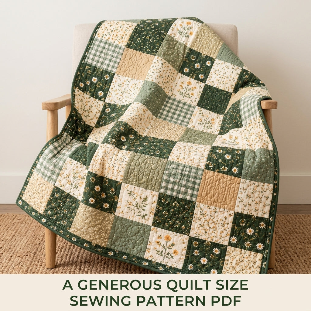 Green Meadow Patchwork Quilt Sewing Pattern PDF – Easy Squares Green Floral Quilt